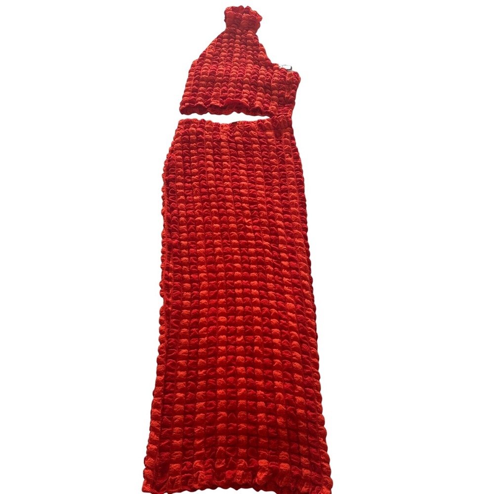 NWT Fashion Nova Next Level Bubble Skirt Set Red Combo Size M Textured 2-Piece